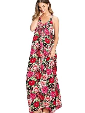 Love Stitch Floral Rose Print Maxi Dress w/ Pockets Sz L